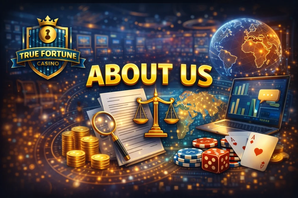 True Fortune Casino About Us banner with global casino platform concept, gaming elements, security symbols and digital technology background