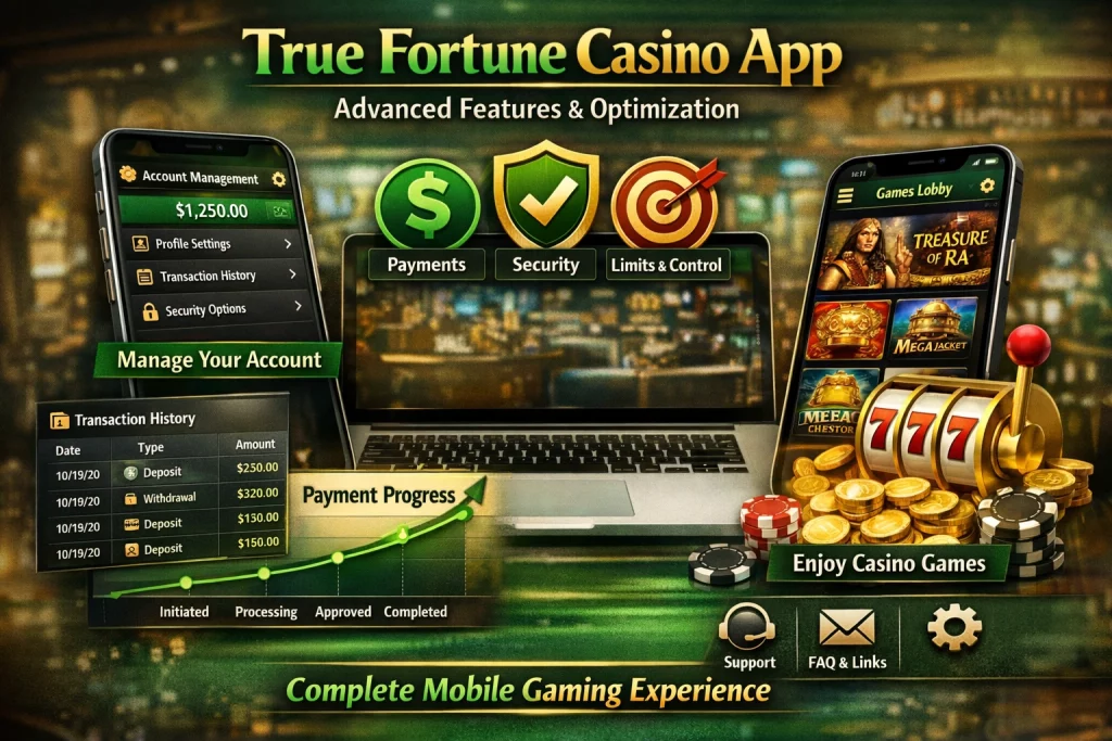 True Fortune Casino app banner showing mobile gameplay, secure payments, slots interface, and smartphone casino experience