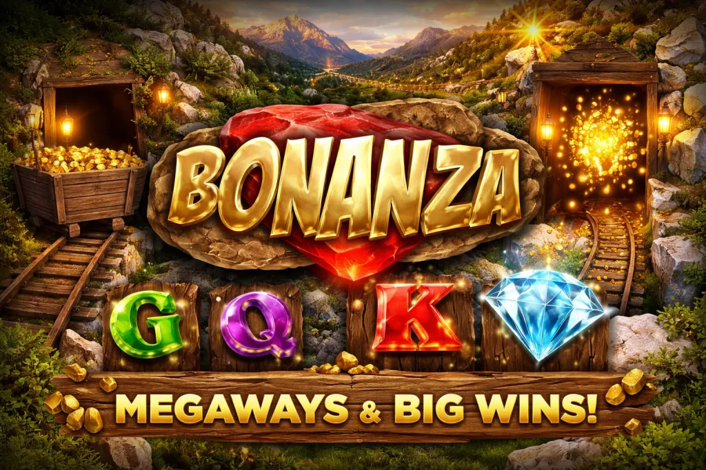 Bonanza slot horizontal banner with gold mine, Megaways reels, gemstones, exploding gold coins, big win effects, and mountain sunset background