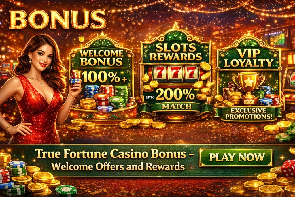 True Fortune Casino bonus guide banner showing welcome bonus offers, slot rewards, and VIP loyalty promotions