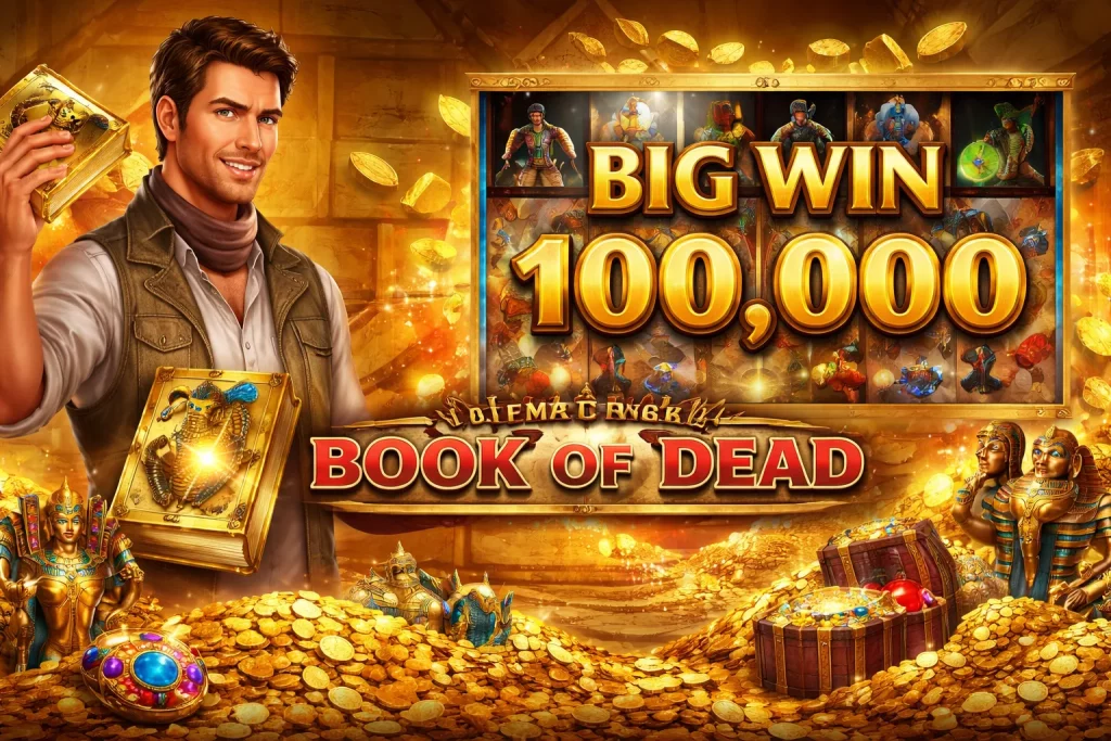 Book of Dead slot horizontal banner with explorer holding golden book, Egyptian treasures, slot reels, big win display, gold coins, and ancient temple background