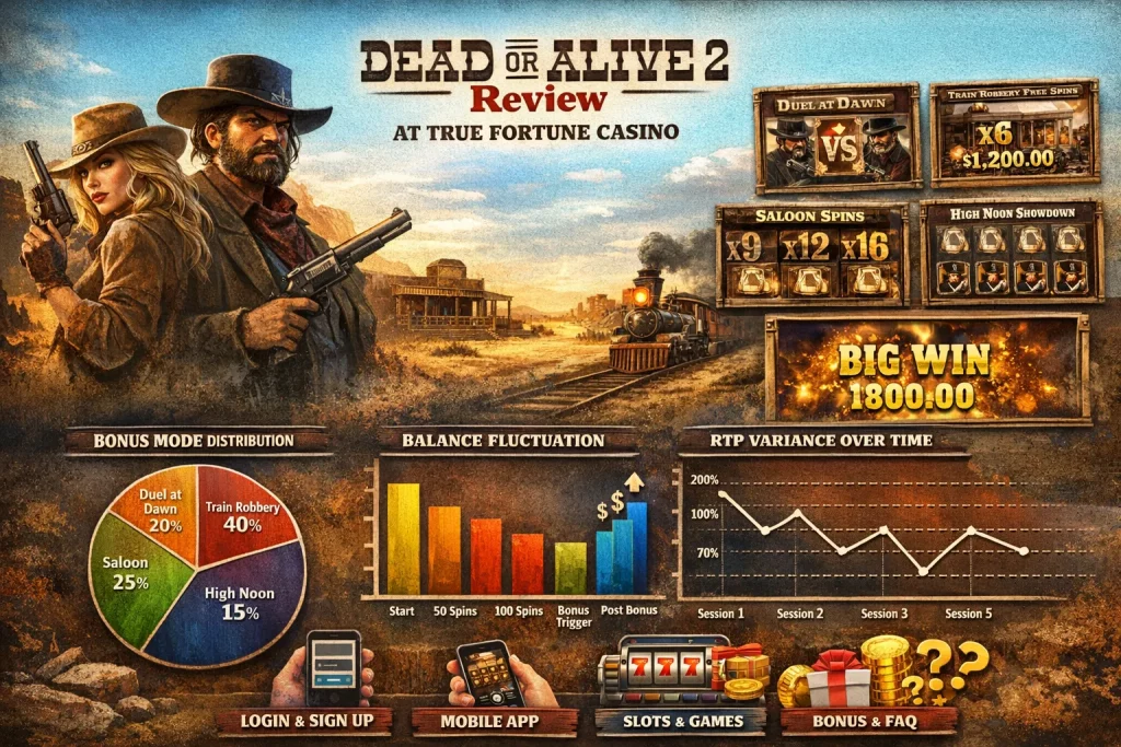 Dead or Alive 2 slot review banner at True Fortune Casino featuring Wild West characters, bonus modes, RTP charts, and big win highlights in a desert setting