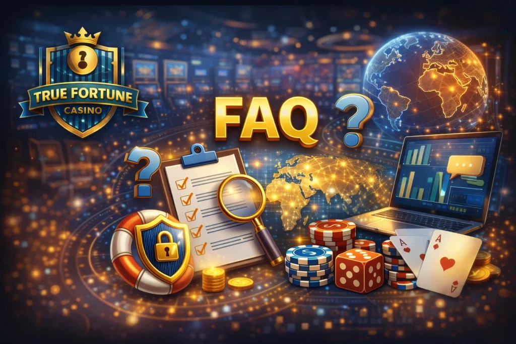 True Fortune Casino FAQ banner with casino elements, question symbols, security icons and digital gaming background