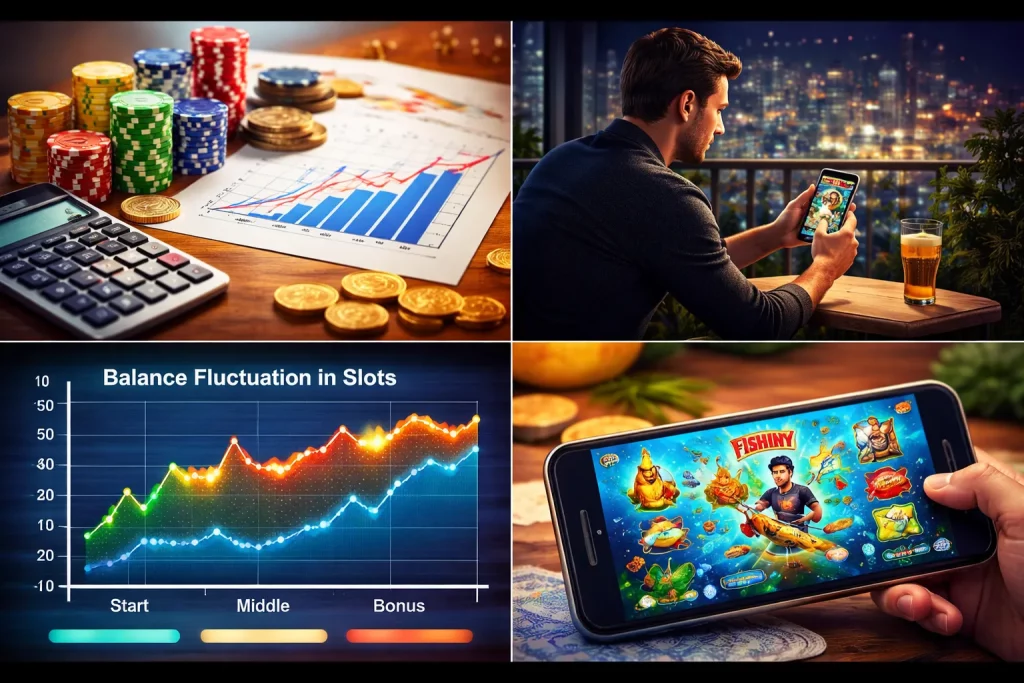 Fishin Frenzy slot banner featuring fishing gameplay, fisherman bonus mechanic, balance charts, and mobile casino experience at True Fortune Casino