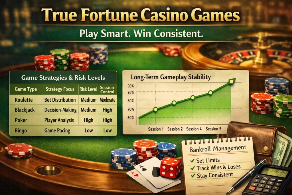 True Fortune Casino games strategy with roulette table, poker chips, bankroll planning notes and gameplay stability chart