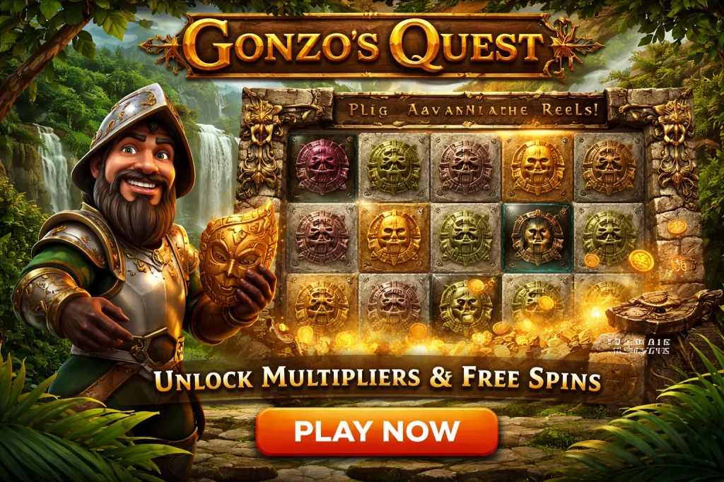 Gonzo’s Quest slot horizontal banner with explorer holding golden mask, jungle ruins, avalanche reels grid, gold coins, multipliers, and vibrant adventure-themed background