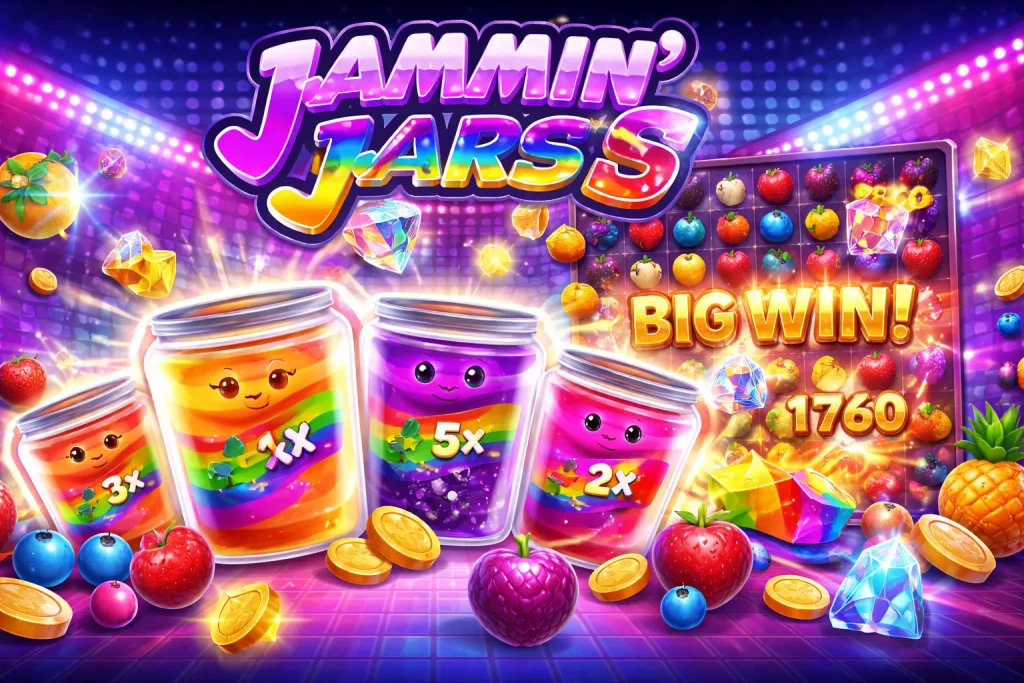 Jammin’ Jars slot horizontal banner with colorful jam jars, fruit symbols, cluster grid, multipliers, coins, and vibrant neon disco-style background