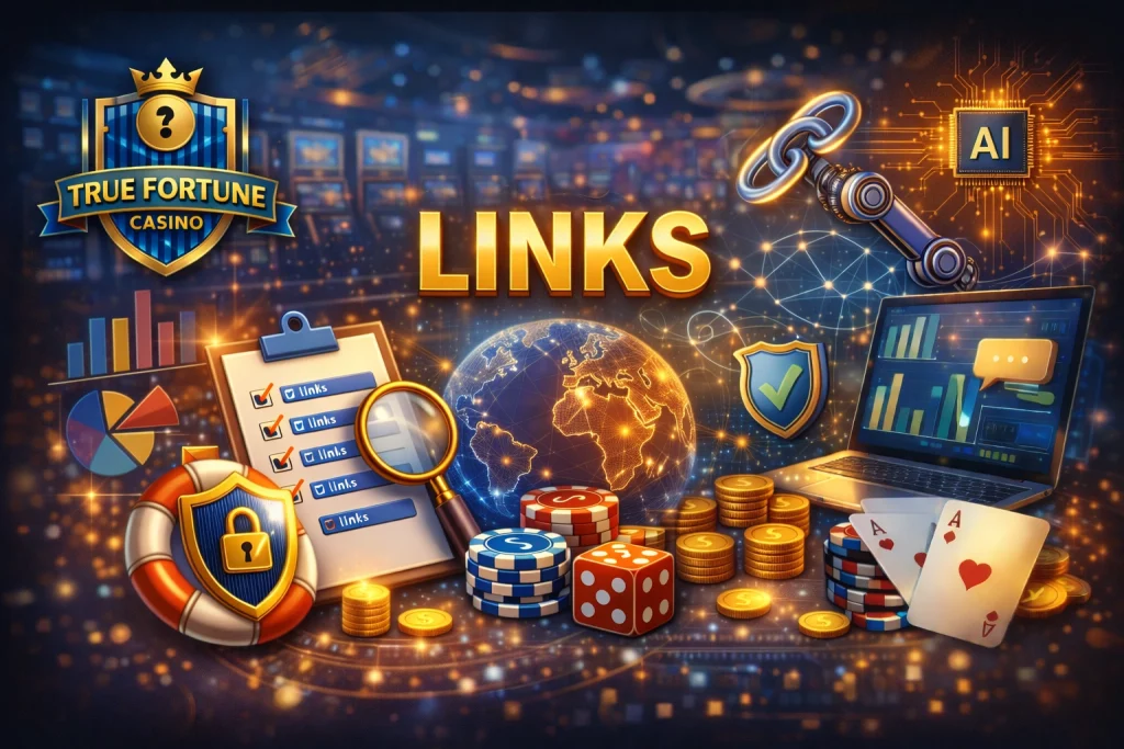 True Fortune Casino Links page banner with casino chips, cards, digital network icons and gaming analytics interface