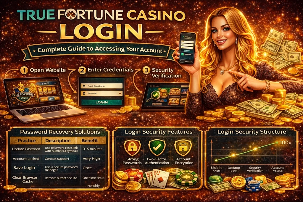 True Fortune Casino login guide banner showing how to access casino account, secure login steps, and online casino account dashboard