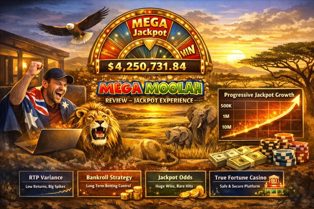 Mega Moolah slot banner with safari animals, jackpot wheel, progressive prize counter, and big win visuals at True Fortune Casino