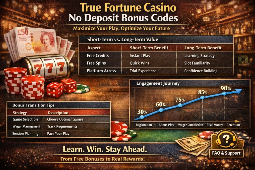 True Fortune Casino no deposit bonus codes banner with slot machine, chips, cash and engagement strategy chart