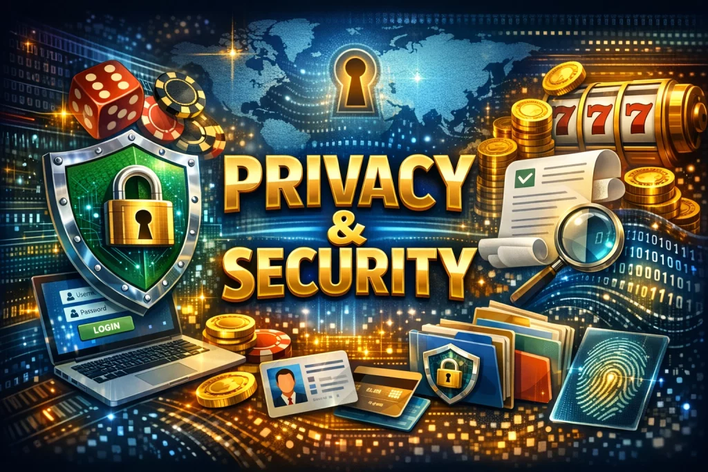 True Fortune Casino Privacy Policy illustration with data security shield, lock protection, casino chips and digital encryption symbols