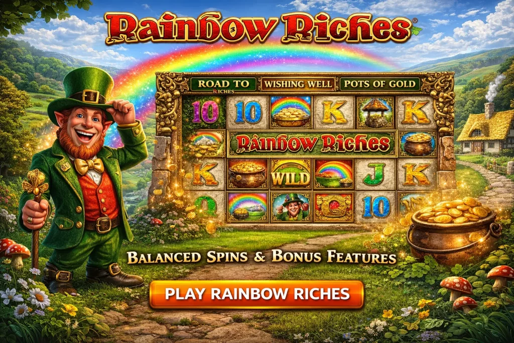 Rainbow Riches slot horizontal banner with leprechaun, rainbow, pot of gold, slot reels, bonus features, and colorful Irish-themed background