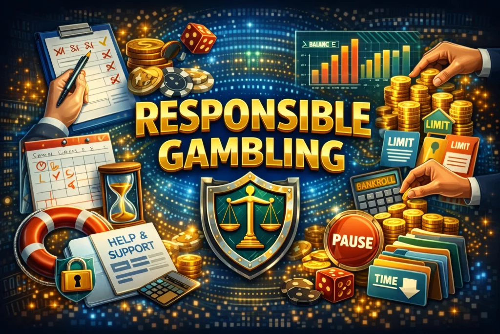 Responsible Gambling illustration for True Fortune Casino showing gaming limits, budget control, pause button and player protection symbols