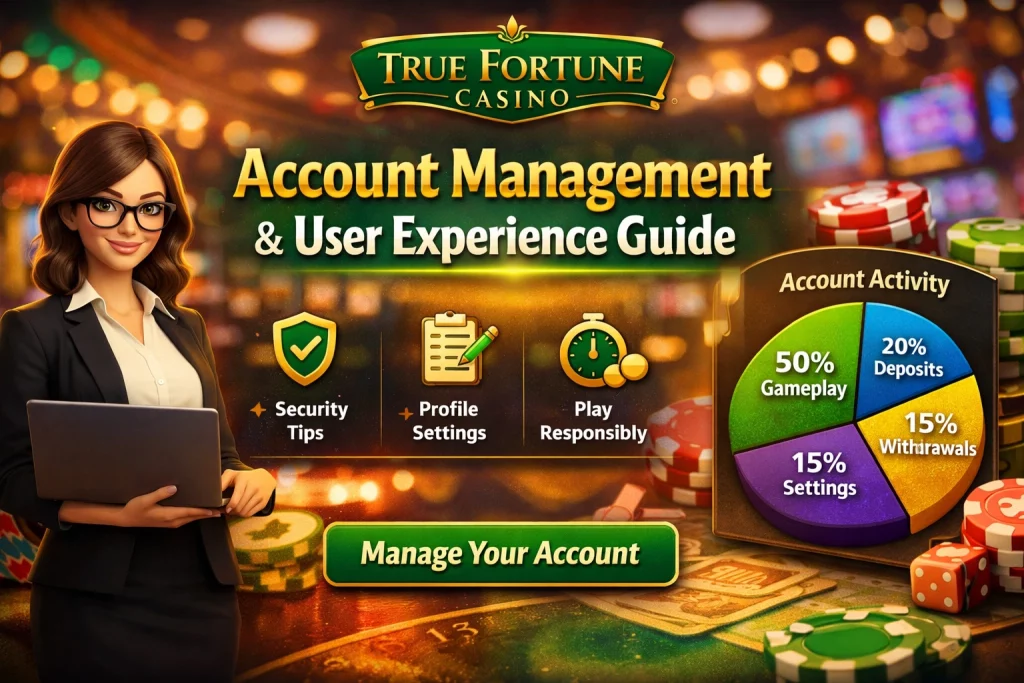 True Fortune Casino sign up banner showing account management, user dashboard features, secure login, and responsible gaming tools