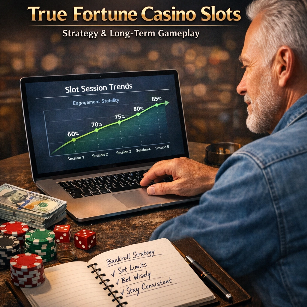True Fortune Casino slots strategy with laptop gameplay, bankroll planning notes, casino chips and performance chart
