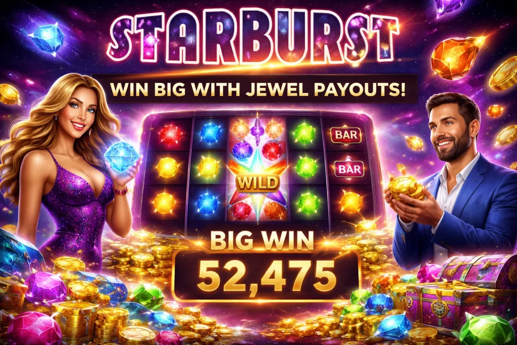 Starburst slot horizontal banner with colorful gemstones, glowing wild symbol, slot reels, gold coins, big win display, and vibrant space-themed casino background