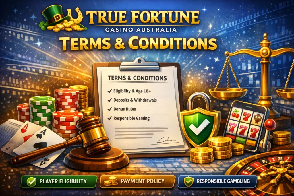 True Fortune Casino Australia Terms and Conditions illustration with casino chips, legal document and responsible gambling symbols