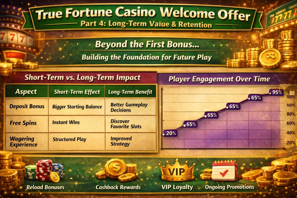 True Fortune Casino welcome offer horizontal banner showing long-term value, player retention growth, bonus stages, free spins, VIP rewards, and engagement chart with gold coins and slot machine elements
