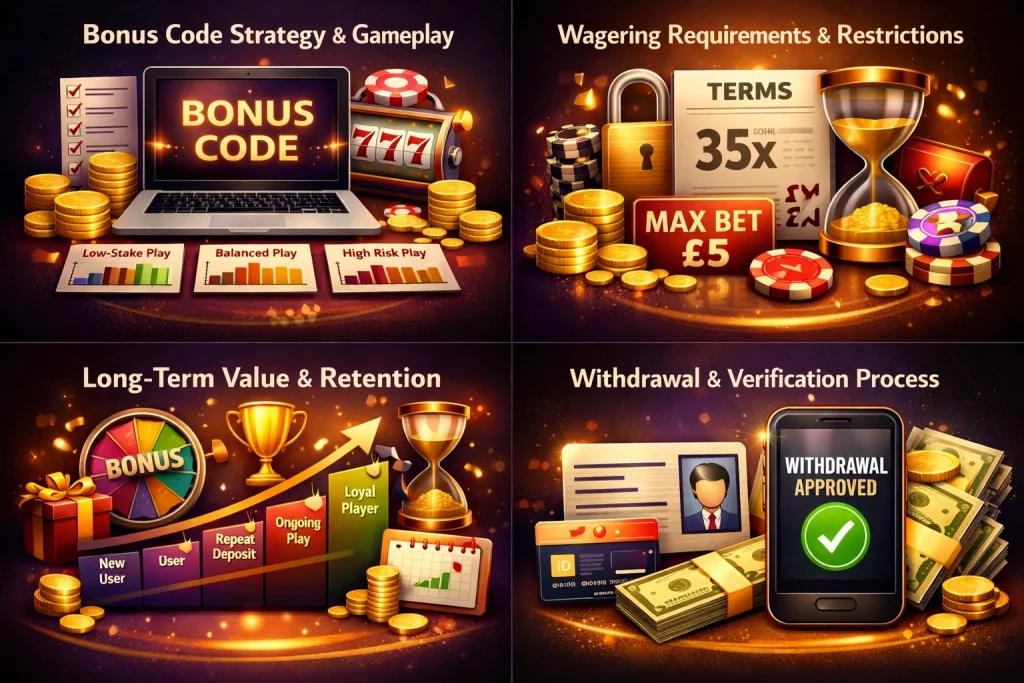 True Fortune Casino bonus code banner showing strategy, wagering rules, player retention growth, and withdrawal verification with coins, slots, and promotional rewards
