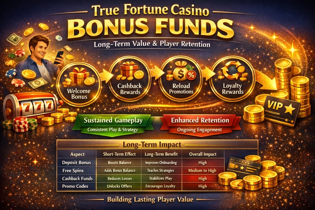 True Fortune Casino bonus funds horizontal banner showing welcome bonus, cashback rewards, reload promotions, and VIP loyalty system with gold coins, slot machine, and player retention concept