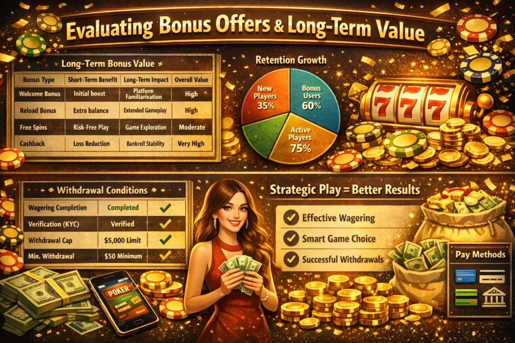 Bonus offers evaluation banner showing cashback, free spins, wagering conditions, and long-term value with casino chips, slot machine, and gold-themed design