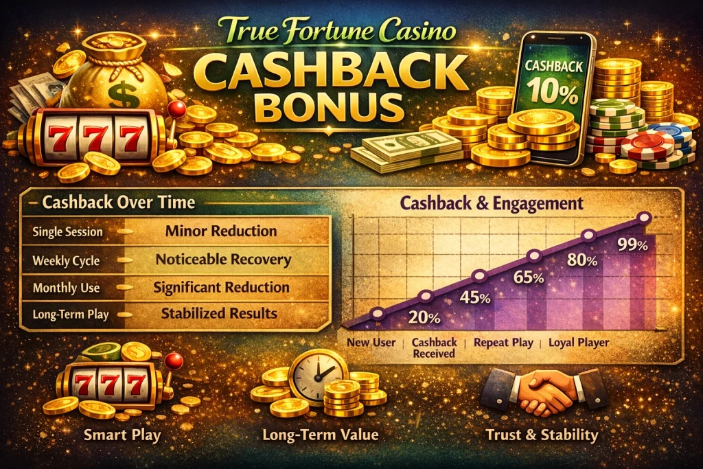 True Fortune Casino cashback bonus horizontal banner with slot machine, gold coins, 10 percent cashback, player engagement chart, and long-term rewards concept