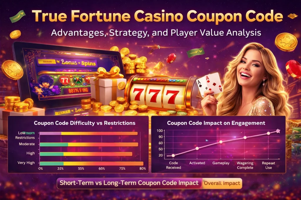 True Fortune Casino coupon code horizontal banner with bonus spins, slot machine 777, gold coins, player holding cards, engagement charts, and promotional casino rewards