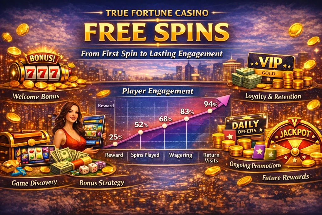 True Fortune Casino free spins horizontal banner with slot machine, coins, VIP rewards, jackpot wheel, mobile gameplay, and player engagement chart