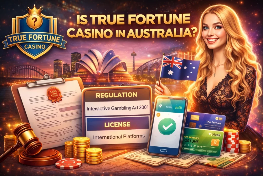 True Fortune Casino in Australia guide banner with Sydney skyline, Australian flag, casino chips and online gambling regulation concept