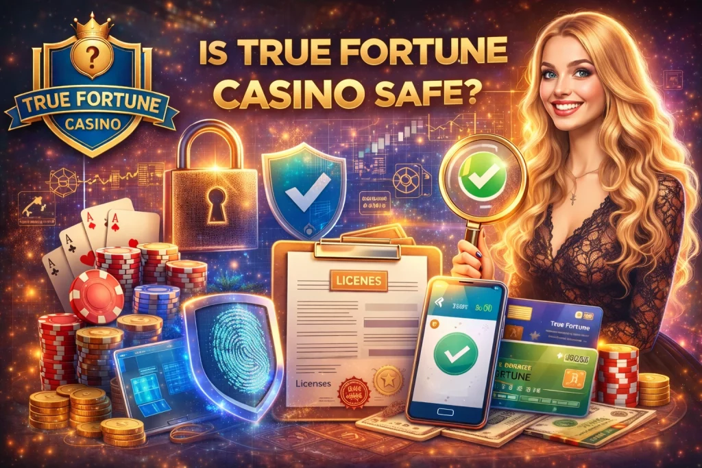 True Fortune Casino safety banner showing secure gaming, casino chips, cards, and player protection symbols with the text “Is True Fortune Casino Safe?”