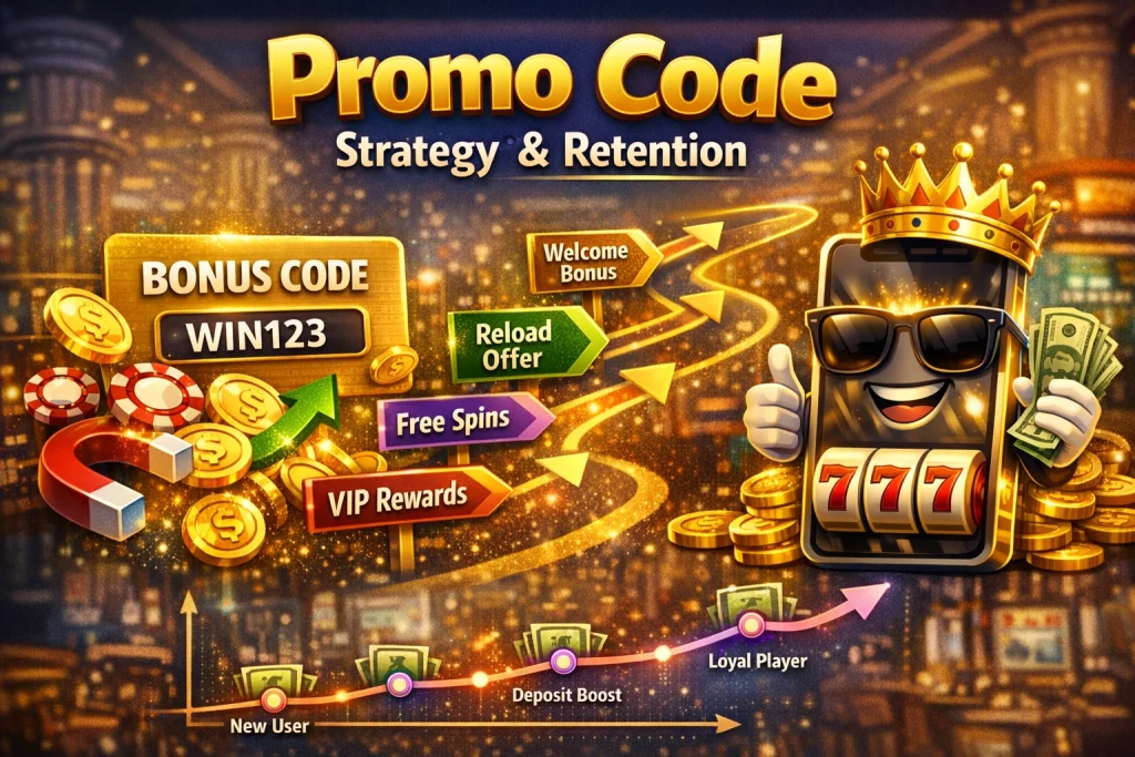 Promo code banner for True Fortune Casino with bonus code card, coins, free spins, reload offer, VIP rewards, and retention growth path