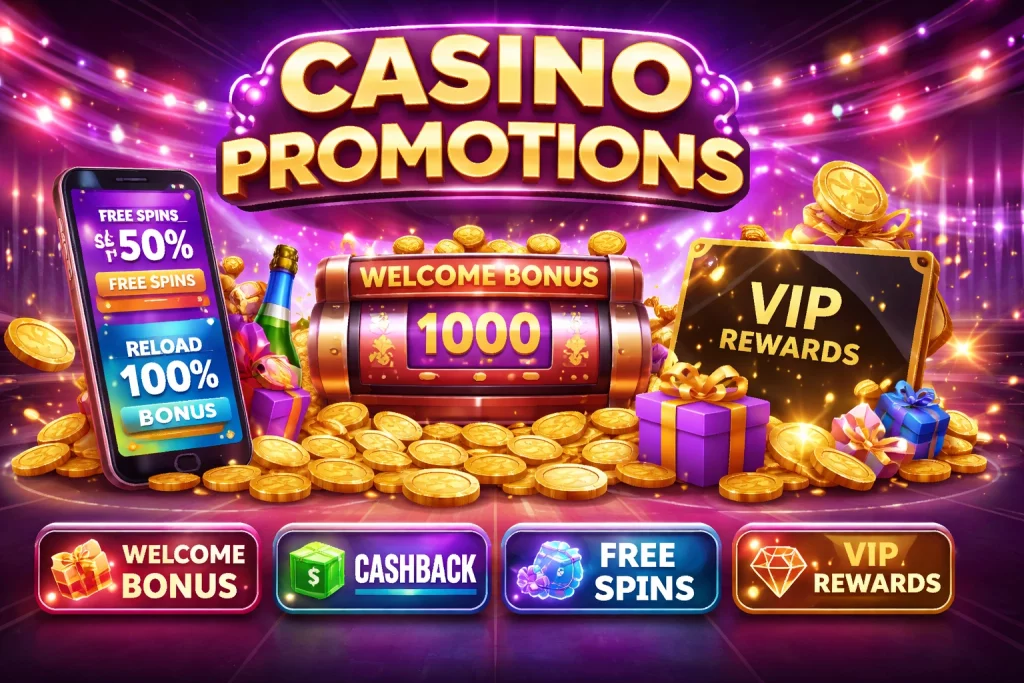 True Fortune Casino promotions horizontal banner with welcome bonus, cashback rewards, free spins, VIP program, gold coins, slot machine, and mobile app interface showcasing casino offers