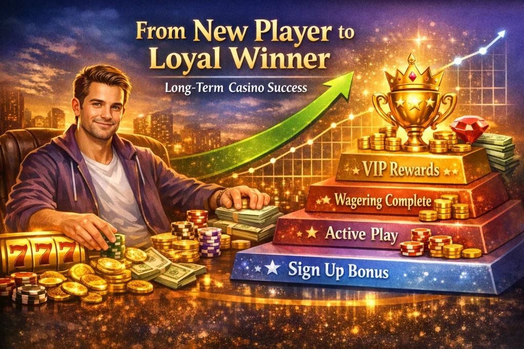 True Fortune Casino sign up bonus banner showing player journey from registration to VIP rewards with chips, cash, slot machine and growth chart