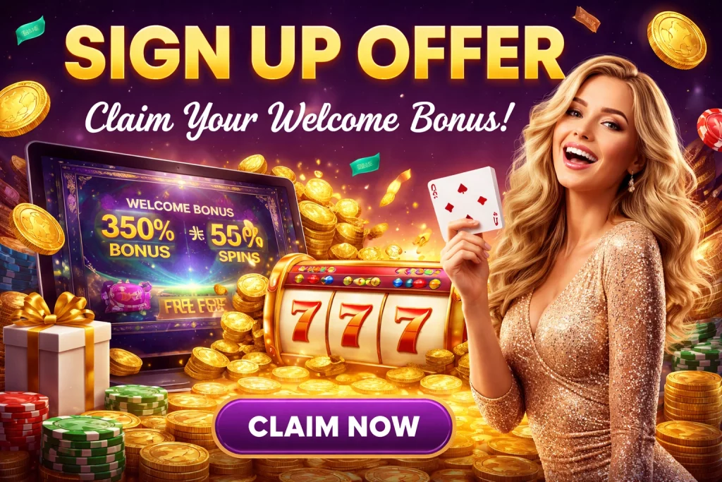 True Fortune Casino sign up offer horizontal banner with welcome bonus, free spins, gold coins, slot machine 777, and player holding cards, highlighting casino rewards and onboarding promotion