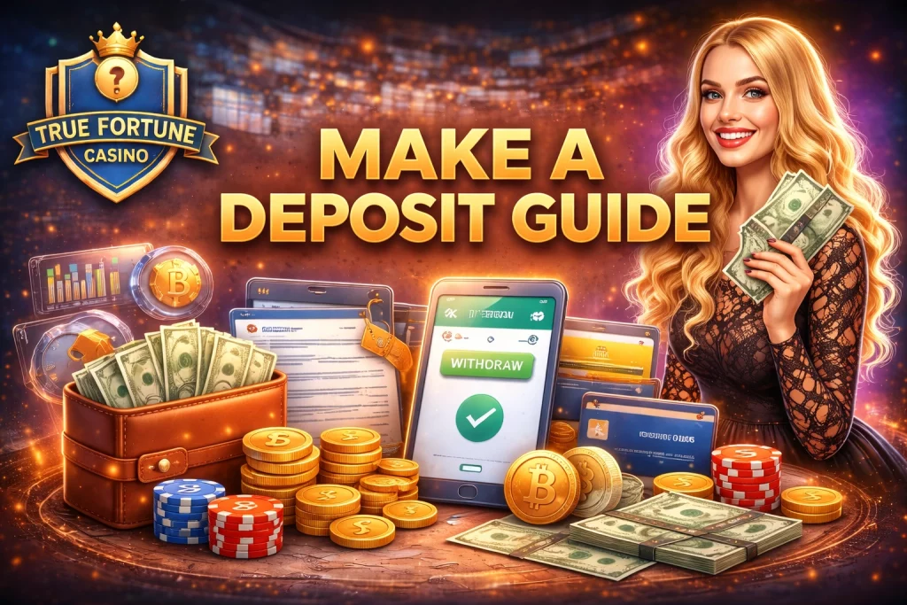 True Fortune Casino make a deposit guide banner with payment methods, poker chips, coins and mobile casino banking illustration