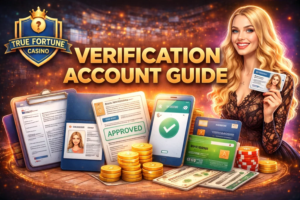 True Fortune Casino verification account guide banner with ID documents, smartphone verification screen, casino chips and secure account approval concept