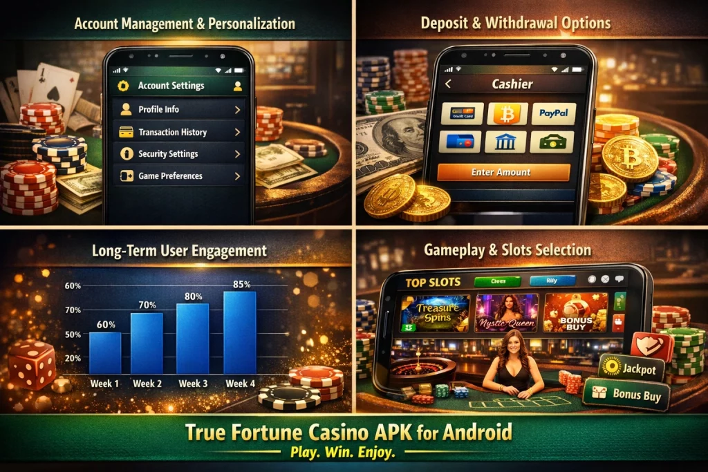 True Fortune Casino APK Android app interface with slots, payments, account settings and mobile gameplay features