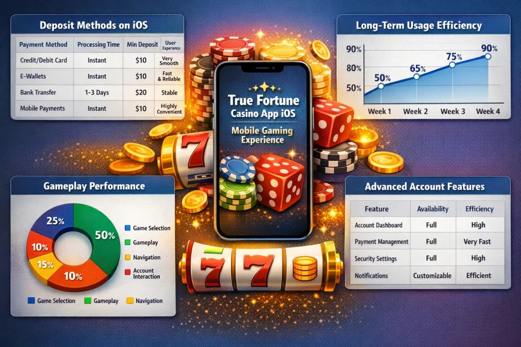 True Fortune Casino iOS app banner showing mobile gameplay, deposits, performance charts, and casino interface on iPhone