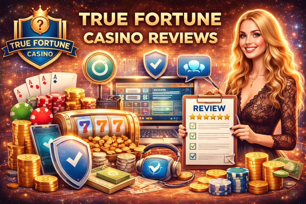True Fortune Casino reviews banner with casino chips, slot machine, security shield, and player rating clipboard showing a trusted online casino platform.