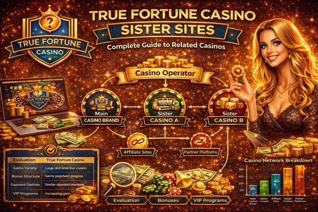 True Fortune Casino sister sites banner showing related online casinos, casino network structure, bonuses and gaming platforms