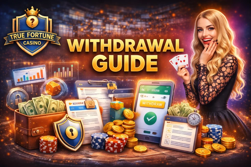 True Fortune Casino withdrawal guide banner with casino chips, smartphone withdrawal screen, money wallet and playing cards