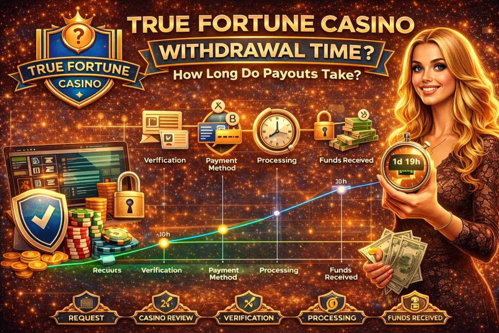 True Fortune Casino withdrawal time guide banner showing online casino payout process, secure payments, and fast withdrawal methods