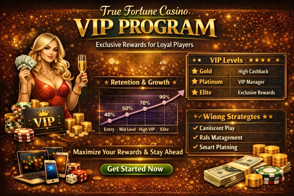 VIP Program banner for True Fortune Casino with gold theme, loyalty rewards, VIP levels, cashback bonuses, and luxury casino elements