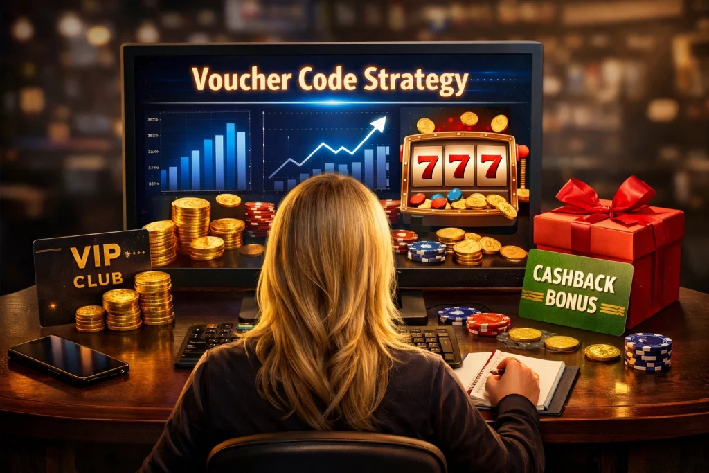 True Fortune Casino voucher code horizontal banner showing player analyzing bonus strategy on screen with charts, slot machine 777, gold coins, VIP rewards, cashback bonus, and casino-themed promotional elements