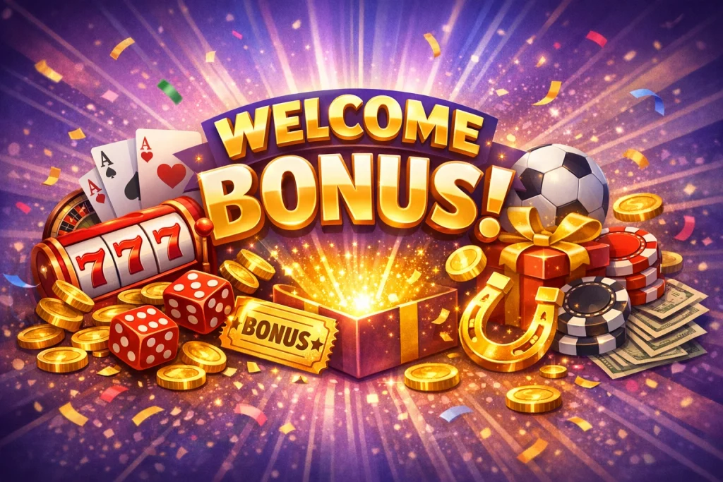 True Fortune Casino welcome bonus banner with slot machine, coins, poker chips, gift box, cards and promotional casino rewards