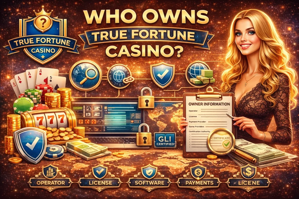 Who owns True Fortune Casino banner showing casino ownership concept with security shield, license certificate, poker chips, and casino management icons.
