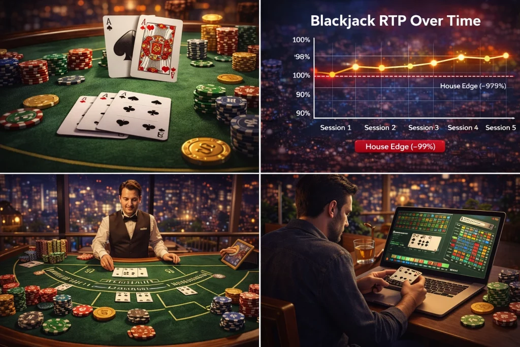 Blackjack banner showing winning hand, live dealer table, strategy charts, and online gameplay interface at True Fortune Casino