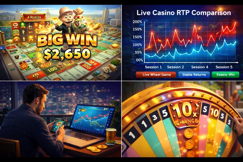 Monopoly Live banner featuring live wheel gameplay, bonus board with Mr. Monopoly, RTP charts, and mobile casino experience at True Fortune Casino