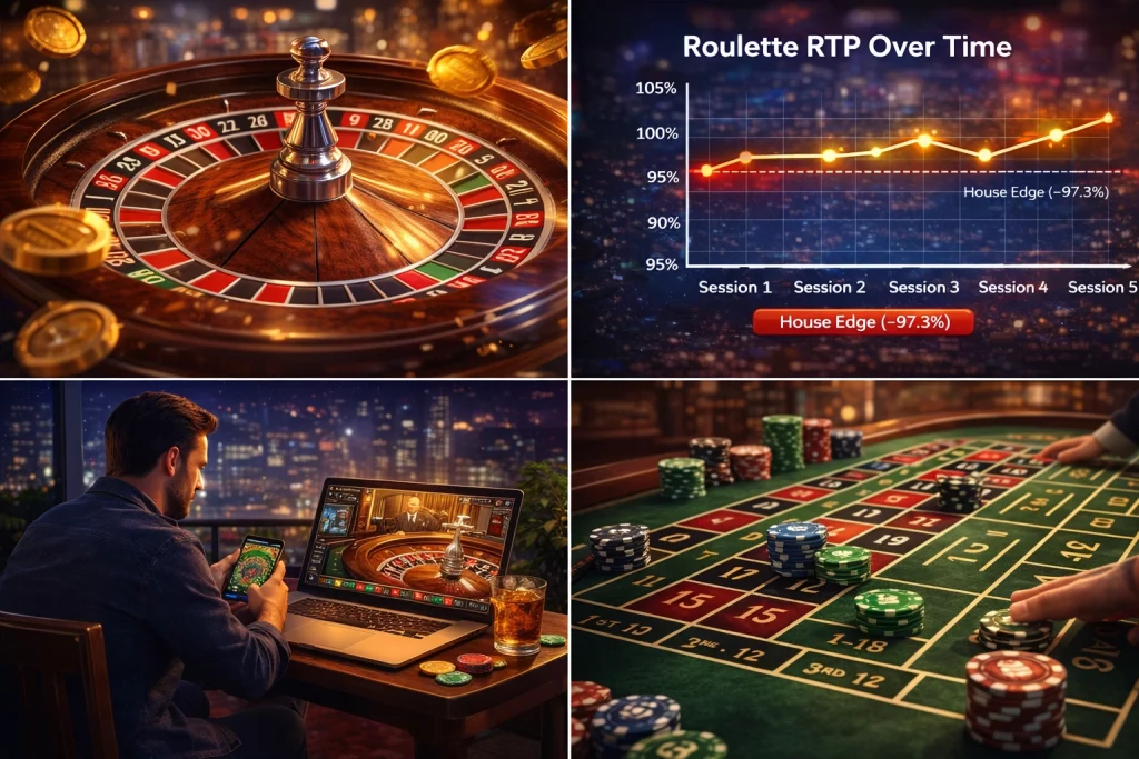 Roulette casino banner featuring spinning wheel, betting table layout with chips, and live gameplay atmosphere at True Fortune Casino